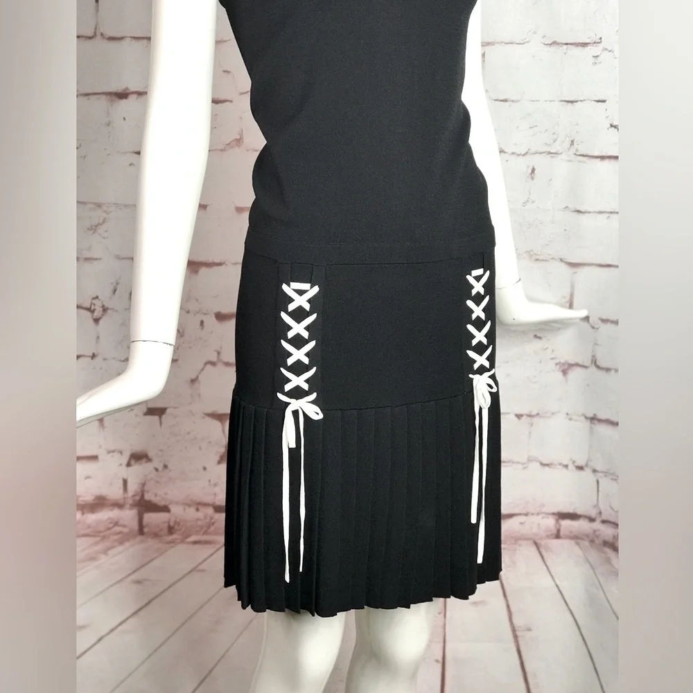 PARKER XS Kennedy Black Knit Pleated Skirt Drop Waist Lace Up Ties Tank Dress XS - Picture 12 of 16